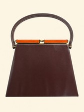 1950s 60s Vintage Brown Handbag Orange Lucite Frame Top Handle Purse
