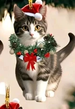 Tabby cat Christmas Ornament Acrylic Flat 2D Gift Tag NEW Free Ship 3.1 Inch