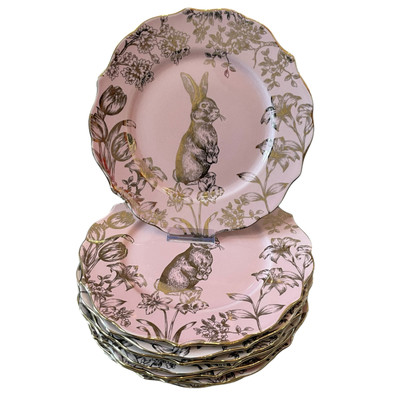 222 Fifth Pink Gold Bunny Hill Rabbit Porcelain Dinner Plates Easter Set of 8