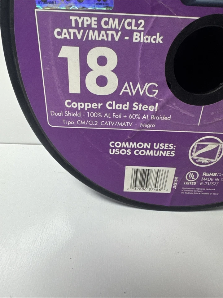 250-ft Roll, 18AWG, RG6 Black Coaxial Cable Southwire New - Image 2 of 4