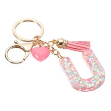 Initial Letter Keychain, Letter U Heart Design Charm with Tassels, Pink