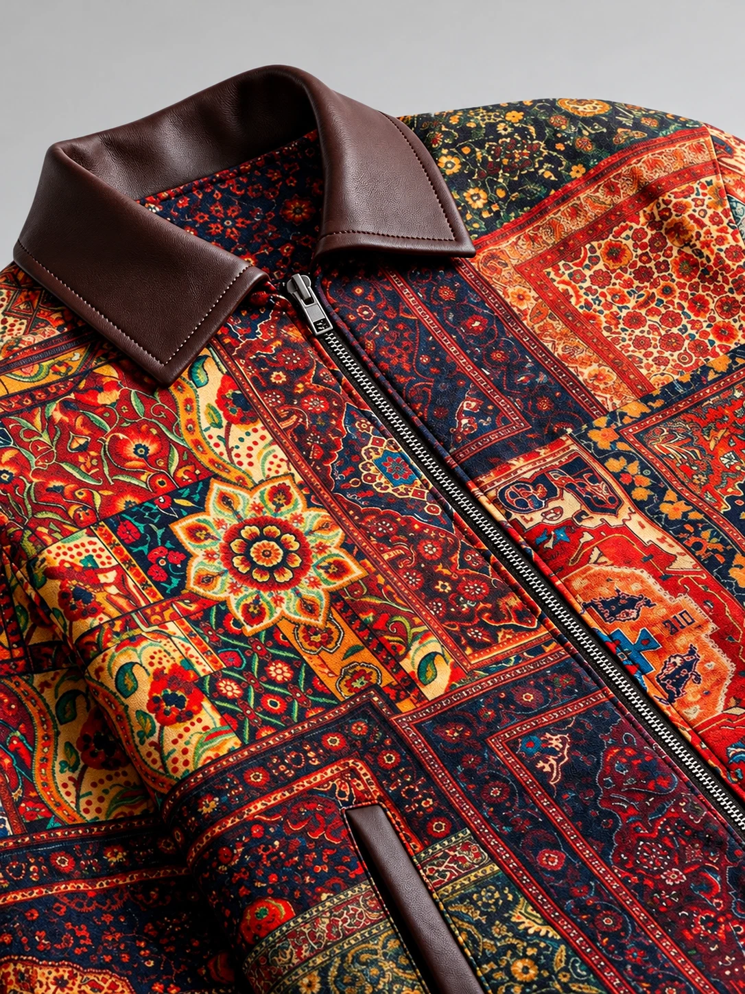 Vintage Persian Rug Patchwork Bomber Jacket Men Women Multicolor Printed Zip-Up - product detail image 3