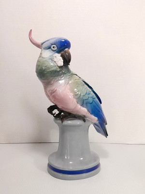 RARE Karl Ens Germany 14 ¾'' Pink Blue Green Cockatoo Parrot Bird Pedestal Statue