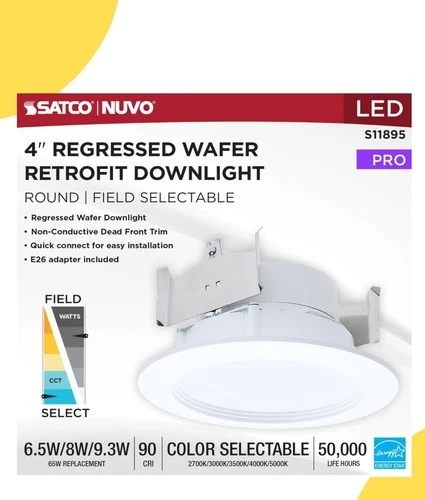 Satco S11895 - 6.5/8/9 Watt 4" LED Regressed Downlight CCT Select (1, 2 or 8 PK) - Picture 1 of 10
