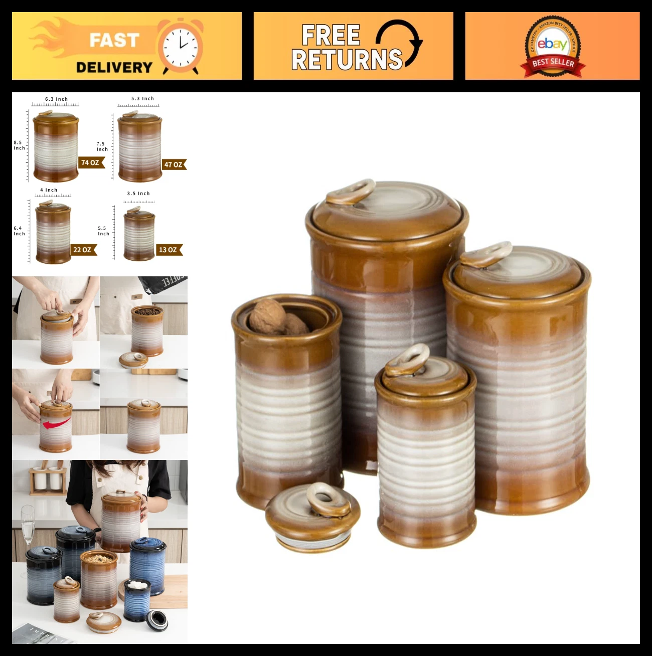 Airtight Ceramic Food Storage Jar Set - 4 Canisters for Flour, Sugar, Rice, Coff
