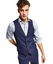 Bar Iii Mens Slim fit Button-Up Suit Vest Large Navy Blue Plaid Wool
