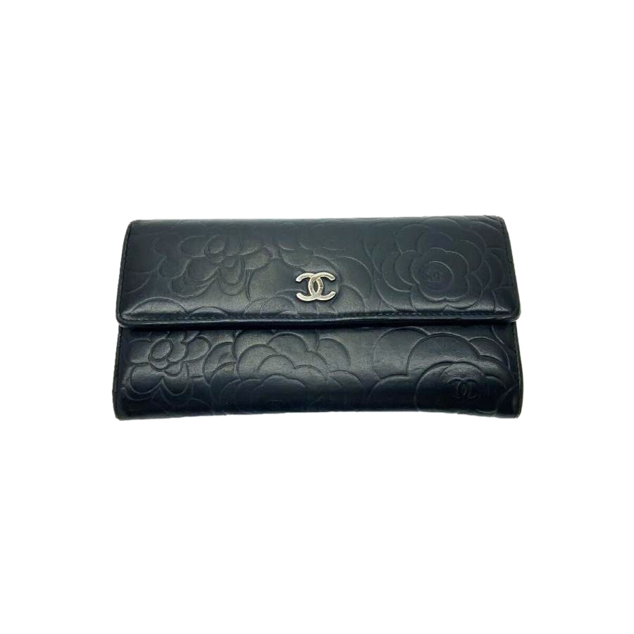 Authentic Chanel Black Leather Camellia Bifold Long Wallet with Coco Mark