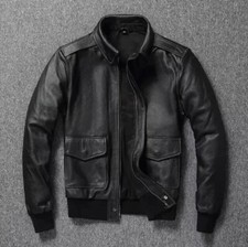 Men Black Navy Flying Pilot A2 G1 Bomber Aviator Biker Retro Real Leather Jacket