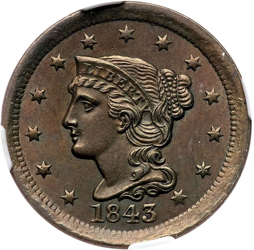 1843 N-16 R-4 NGC MS 63 BN Mature Head Braided Hair Large Cent Coin 1c