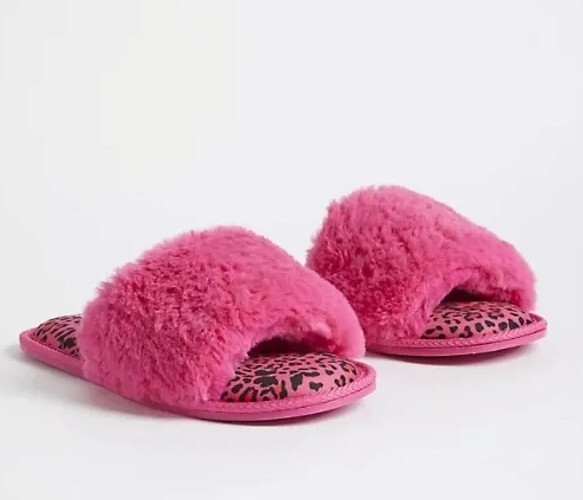 SAOLA Ciabatta 7 W nuova con etichetta fascia in pelliccia torrida rosa suola leopardata sfocata