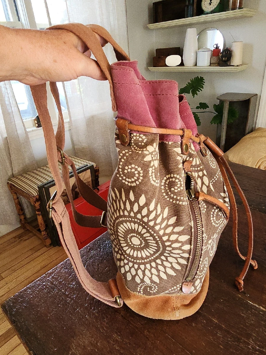 Vintage LUCKY BRAND Canvas Suede Backpack Bag Purse Brown Pink