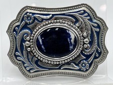 Western Floral Embossed Enameled Blue Silver Tone, Blue Stone Belt Buckle.  J9
