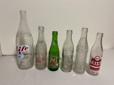 6 Vintage Soda Bottles - Life, Kist, Kay 0, Pepsi, 7Up, Rolls Beverages - B
