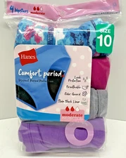 Hanes Girls Comfort Underwear Period Protection Panties Hipster 4 Pack Size 10