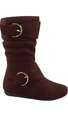 Girl's Kid's Faux Suede Two Buckle Zipper Flat Heel Mid Calf Slouchy Boot Shoes