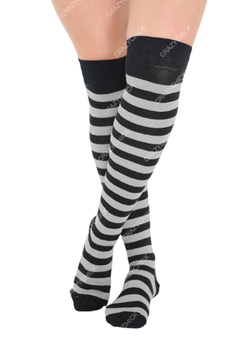 Girls Ladies Grey & Black Socks Striped Over The Knee Cosplay Cat Cotton UK  4-6