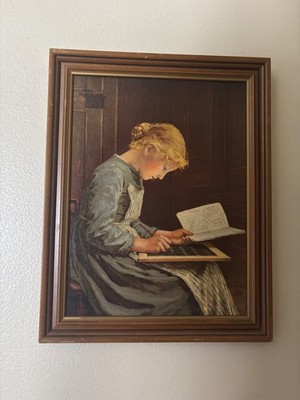 1886 Albert Anker art THE HOME LEARNER girl reading print vintage antique framed