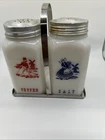 Antique Hazel Atlas Milk Glass Salt & Pepper Shaker Set Dutch Boy & Girl W/Stand