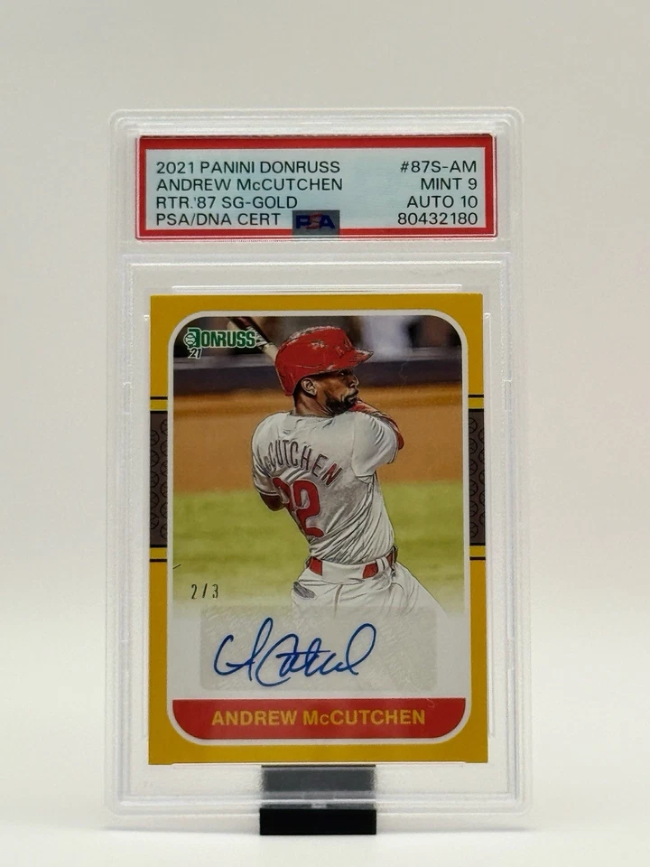 2021 Panini Donruss Andrew McCutchen Retro ‘87 SG-Gold Auto 2/3 PSA 9/10 - Image 3 of 4