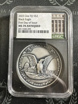 2023 Fiji 2 oz Silver Black Eagle FDOI NGC MS70 Antiqued Mintage of only 999 - Image 1 of 4