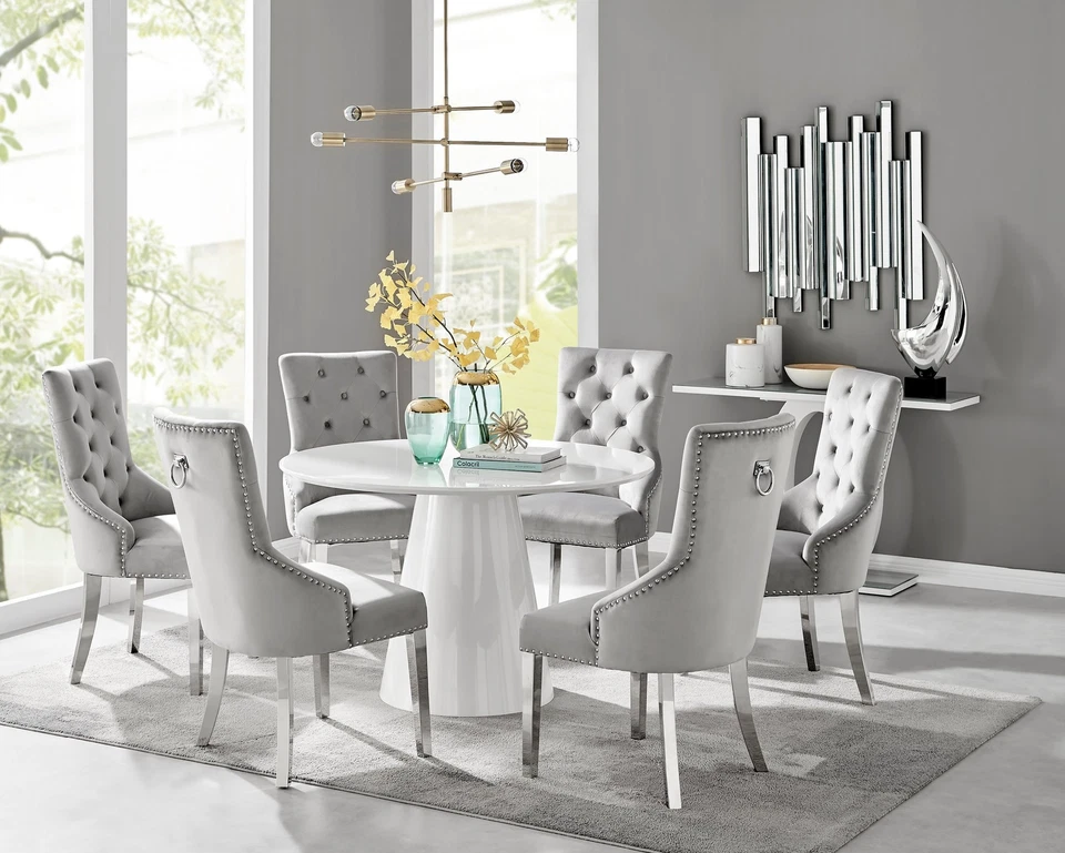 PALMA White High Gloss Round Pedestal Dining Table & 6 Velvet Dining Chairs