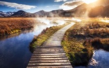 Landscape nature path walkway mist mountains grass river Custom Gaming Mat Desk