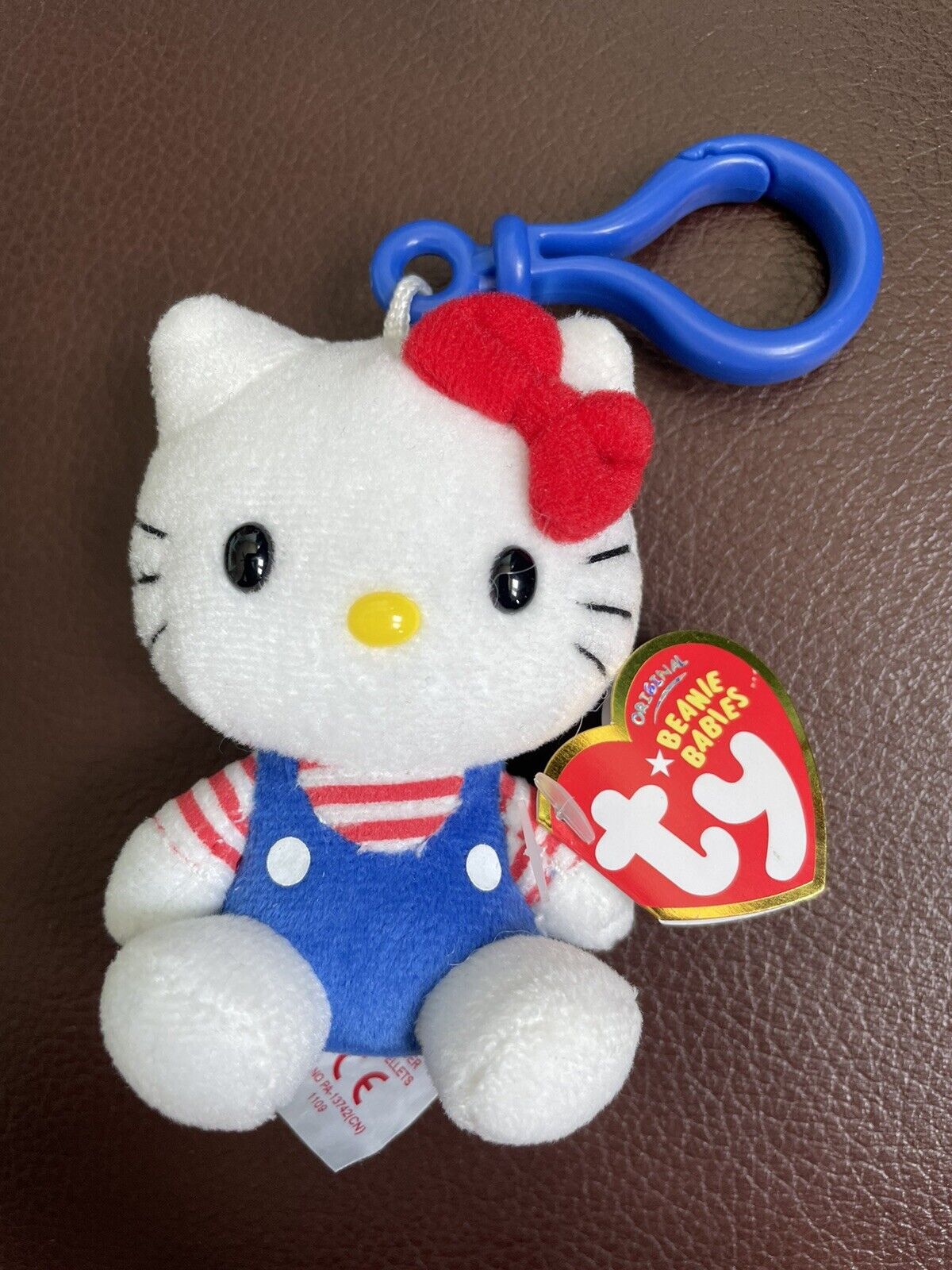 Hello Kitty Ty Beanie Baby Sanrio Blue Overalls Plastic Key Clip 3” NWT Plush