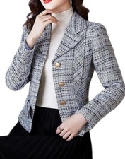 Mina Self Tweed Plaid Blazer Jacket Women Cropped Spring Blue White Spring Q4 