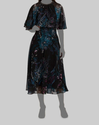 $560 Rickie Freeman for Teri Jon Womens Black Floral Chiffon Capelet Dress SZ 4