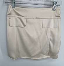 Le Lis beige satin mini skirt faux pockets small slit side zipper size S small