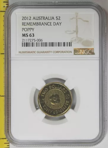 2012 AUSTRALIA 2 Dollar Remembrance Day Gold Poppy $2 NGC MS 63.