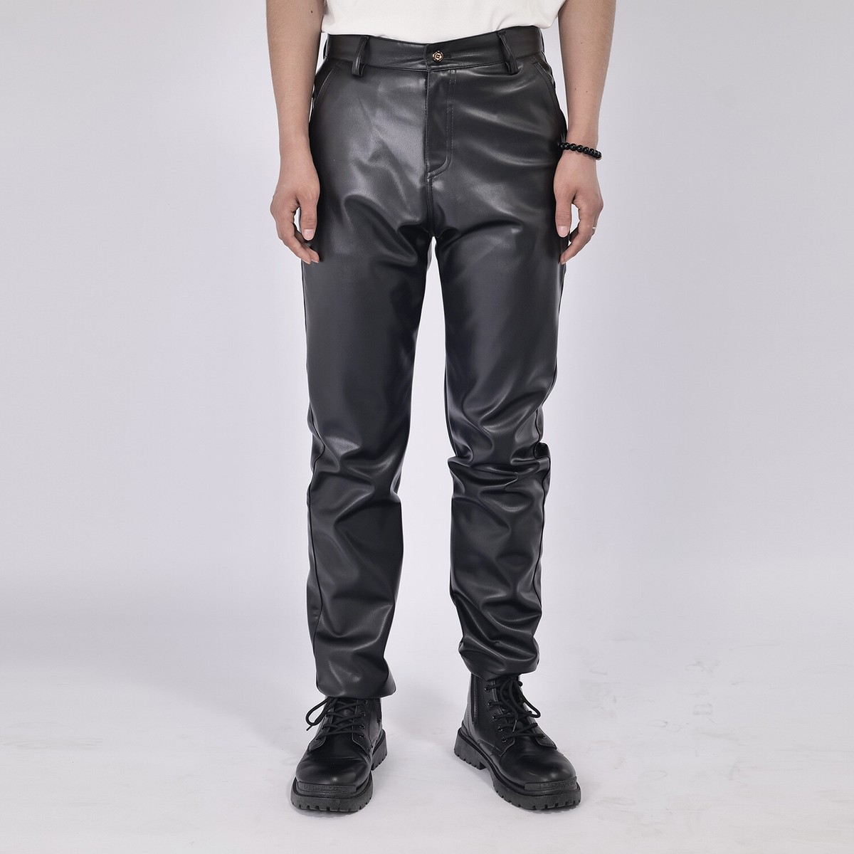Men Faux Leather Pants Black Stretch Leggings Wet Look Trousers