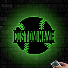 Personalized Baseball Metal Wall Art With LED Light, Baseball Player Name Sign