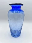 Vintage Blenko Blue Crackle Art Glass 6.25” Vase Estate