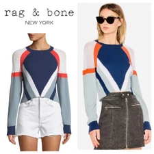 Rag & Bone Lark Crop Sweater Medium 8 10 Colorblock Mesh Blue Ribbed     ff