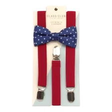 CLASS CLUB Boys Bow Tie Suspender Set Red Navy Blue Stars & Stripes Patriotic