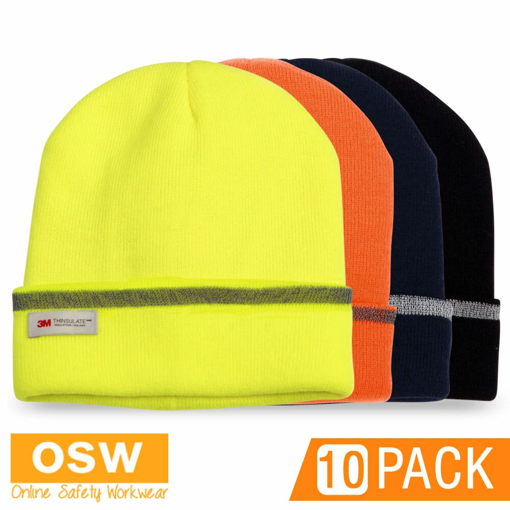 10 x Unisex ADULTS Hi Vis Yellow Orange Navy Black THINSULATED Cuff Work Beanies