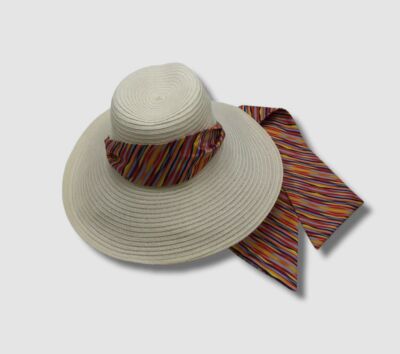 $365 Eugenia Kim Women's Ivory Straw Wide Brim Silk Ribbon Fedora O/S