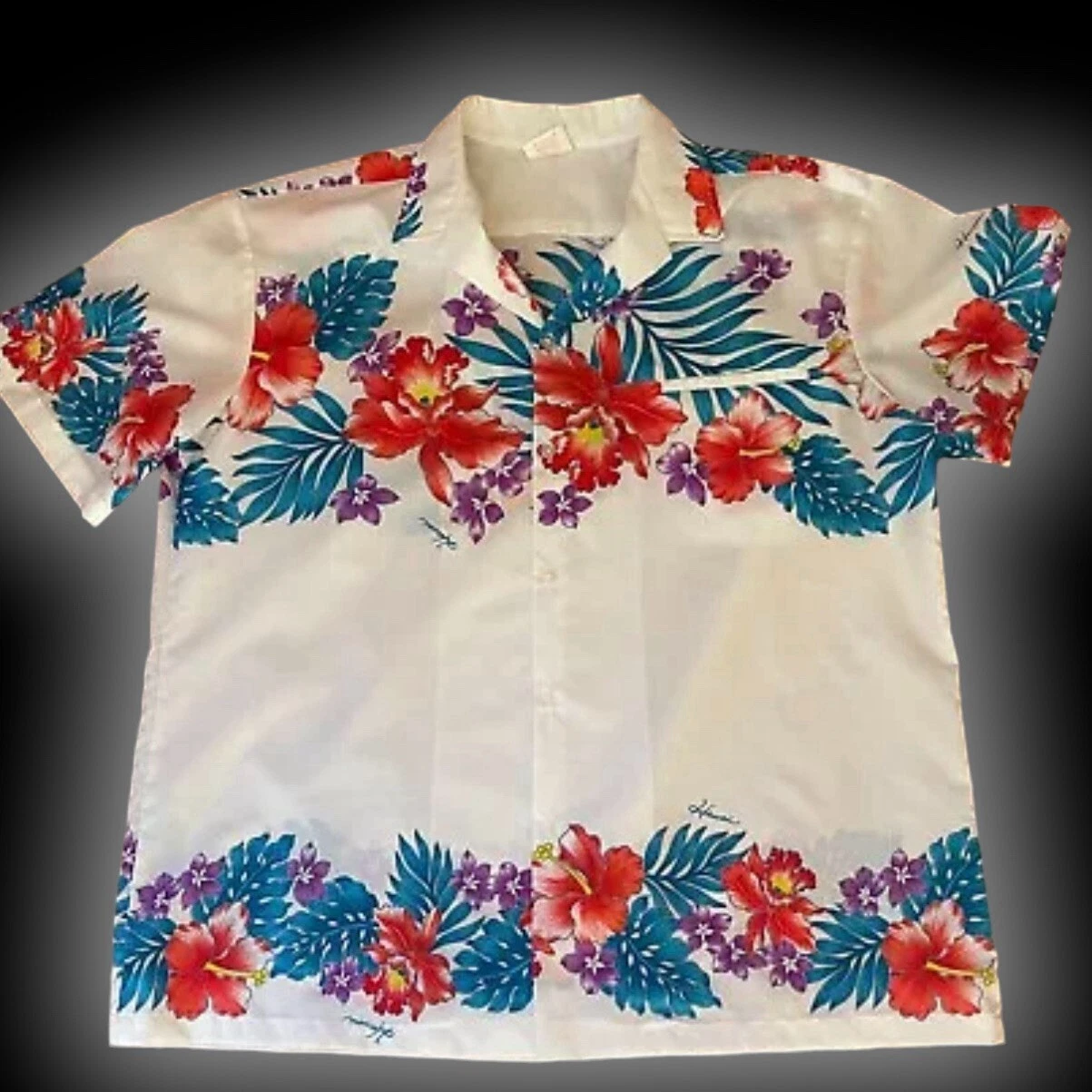 vtg Hawaiian Shirt KALENA FASHIONS * XL * HIBISCUS floral white * polyester