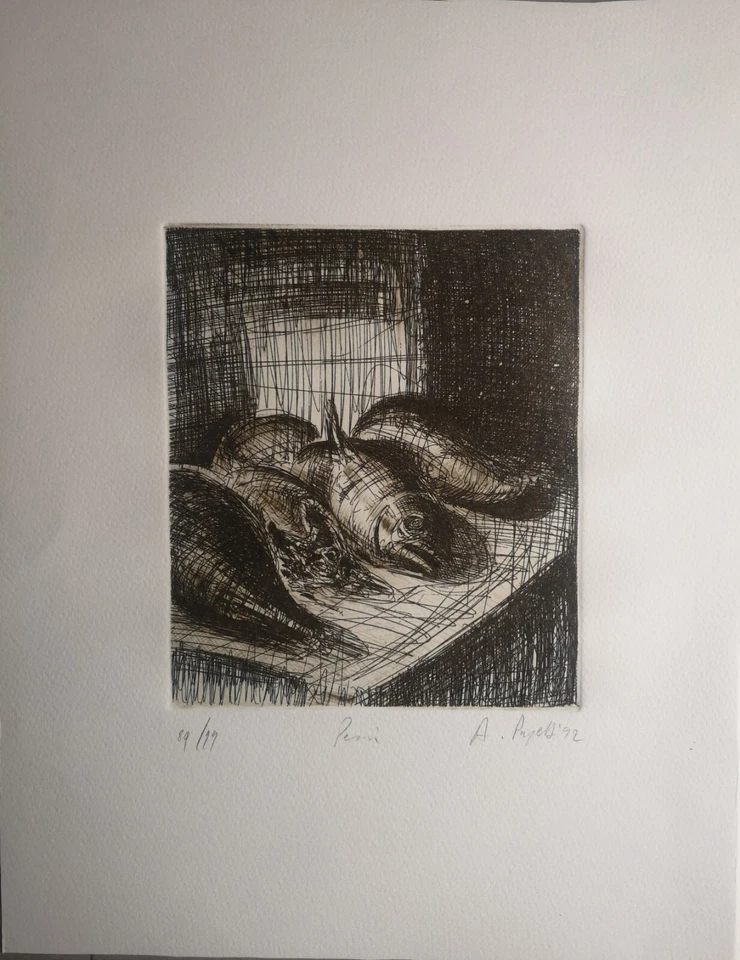 Incisione ALESSANDRO PAPETTI natura morta pesci arte contemporanea 46x36cm - Immagine 3 di 4
