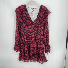Dark pink London ruffle floral dress Sz 8 red black v neck