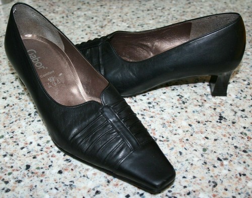 GABOR LOW HEELS EXCELLENT SIZE 9 US 7 UK WOMENS BLACK LEATHER SQ TOE - Picture 1 of 10