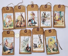9~Easter~Handmade~Primitive~Stained~Linen Cardstock~Gift Tags~Glitter~Ornies