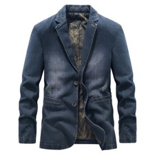 Men Denim Blazer Business Suit Jacket Wash Lapel Jean Coat Outwear Slim Fit Tops