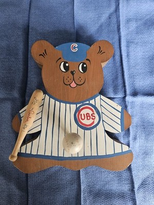 Rare Wood Hanging Chicago Cub Wind Up Musical Bear '' Take Me Out To The Ball Gam
