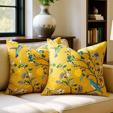 Mustard Yellow Floral Pillow Covers 18x18 Set of 2, Velvet Wild Flower Plant Thr