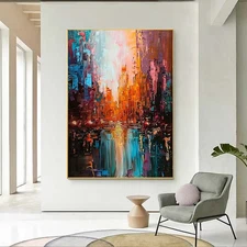 Hand Painted Oil Painting On Canvas Abstract 3D City Colorful Modern Red