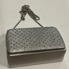 Beautiful Vintage Clutch Handbag With Prong Set Rhinestones Silver Tone Chain