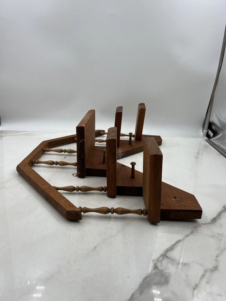 Tiered Wooden Staircase Wall Shelf with Spindles and Peg Hooks Rustic Decor - Image 4 of 4