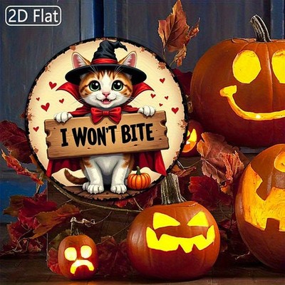 Halloween Cat Witch Hat I Wont Bite Funny Aluminum Sign